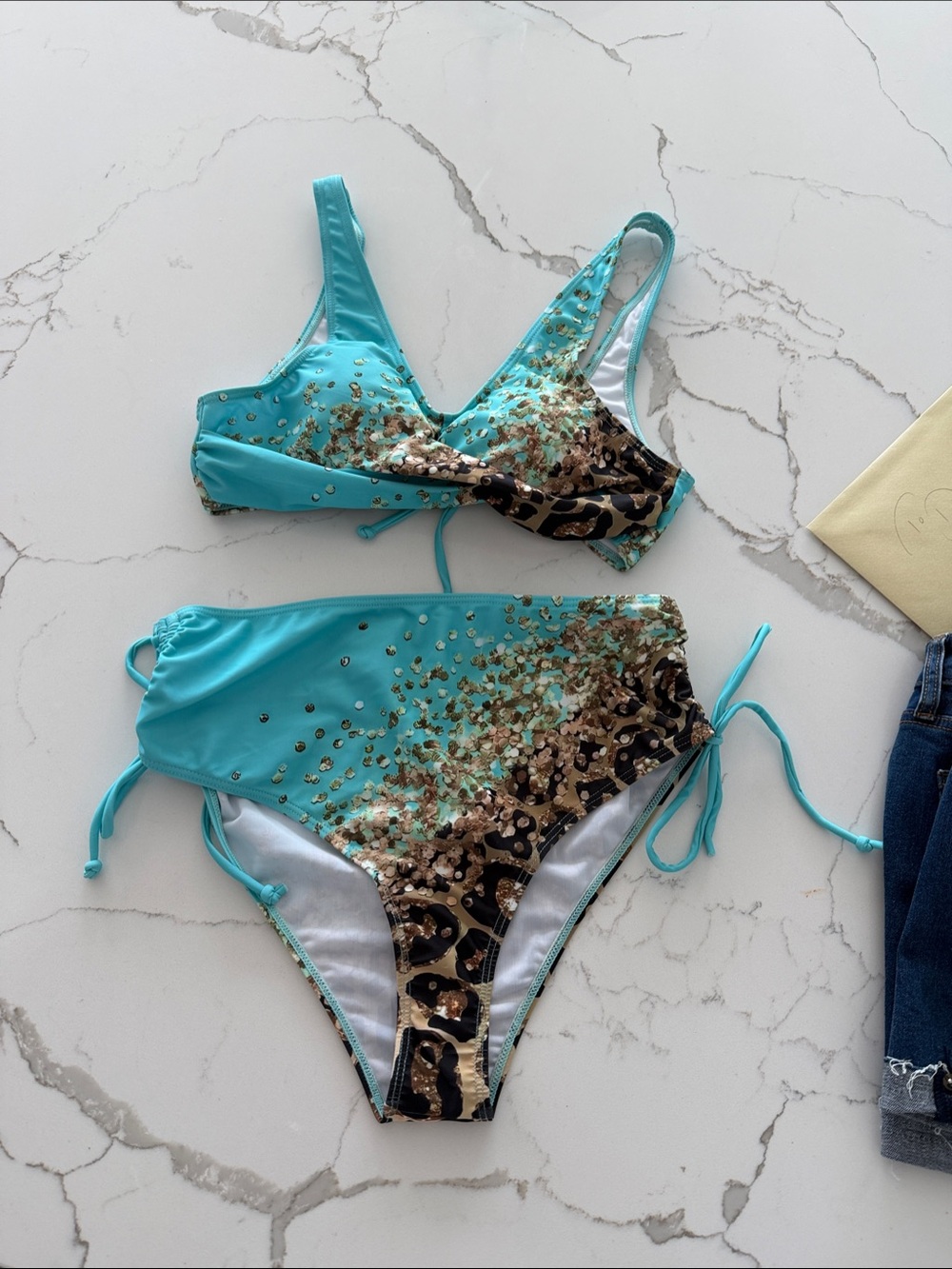 Turquoise Leopard-Accent High-Waist Bikini Set